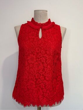 J Crew Red Lace Ruffled Neck Sleeveless Top Size PXS
